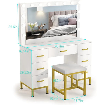 Teen Girls Large Makeup Vanity with 14PCS LED Bulbs, Cushioned Stool & 7 Drawers
